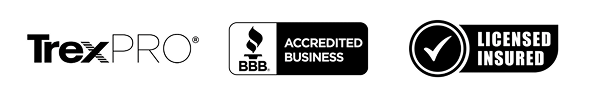 Three logos—TrexPRO, BBB Accredited Business, and a checkmark with "Licensed Insured"—highlight our trusted service for New Home Decks in San Antonio, Texas. All logos are black and white on a light background.